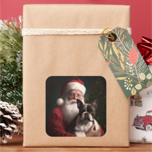 Adesivo Quadrado Boston Terrier com Papai Noel Natal Festivo