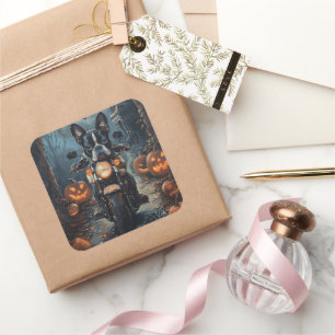 Adesivo Quadrado Boston Terrier dirigindo moto-ciclismo assustado