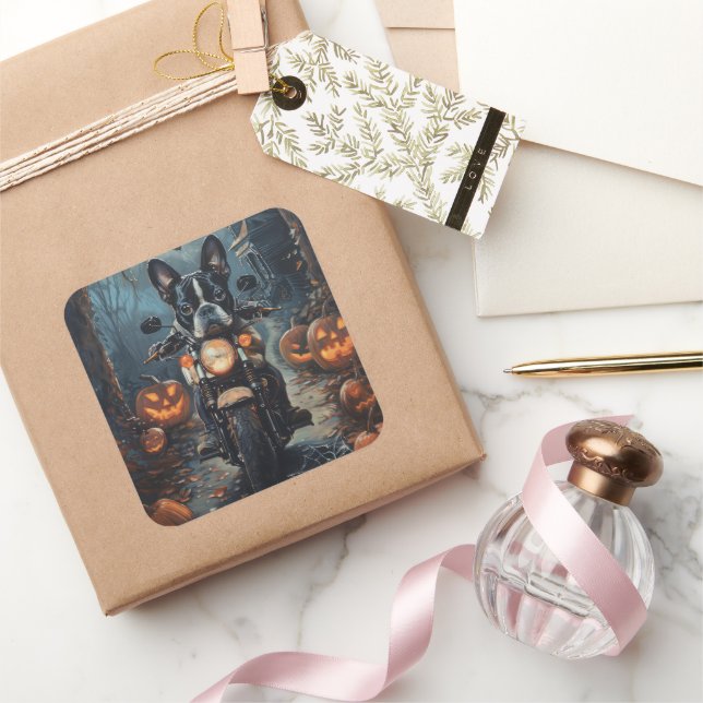 Adesivo Quadrado Boston Terrier dirigindo moto-ciclismo assustado (Presentear)