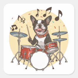 Adesivo Quadrado Boston Terrier Dog Playing Drums