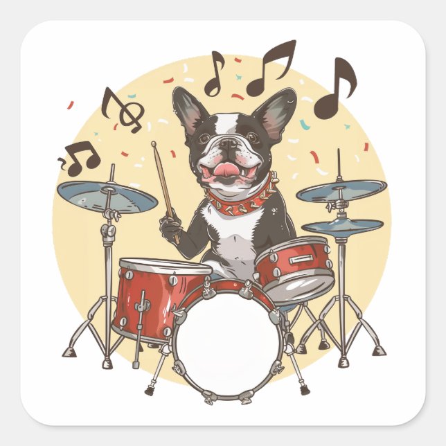 Adesivo Quadrado Boston Terrier Dog Playing Drums (Frente)