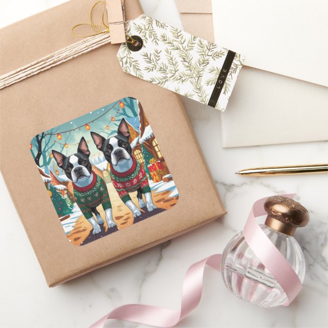 Adesivo Quadrado Boston Terrier Dogs Christmas Snow Holiday (Presentear)