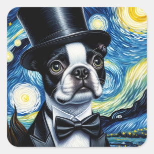 Adesivo Quadrado Boston Terrier em um tufão Van Gogh