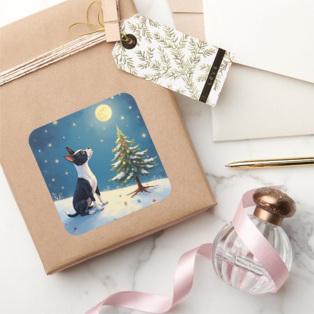 Adesivo Quadrado Boston Terrier Midnight Star-Gazing Christmas (Presentear)