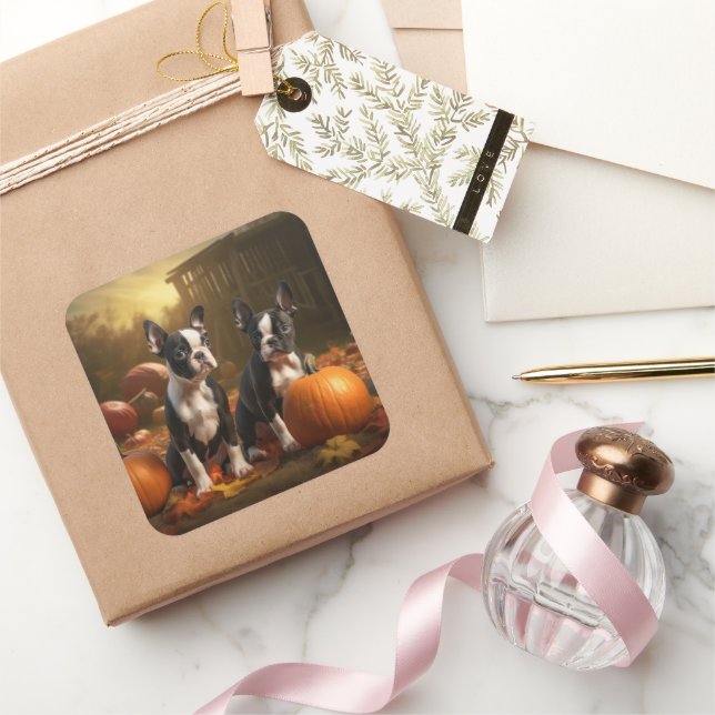 Adesivo Quadrado Boston Terrier Puppy Autumn Delight Pumpkin (Presentear)