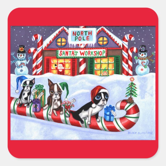 Adesivo Quadrado Boston Terriers Candy Cane Papai noel Natal Snowma (Frente)