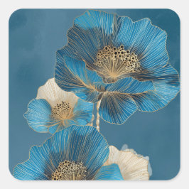 Adesivo Quadrado Botânica Azul Papoula Linha Áurea Arte Floral