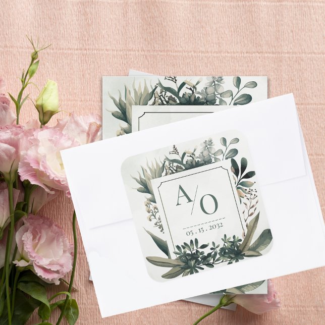Adesivo Quadrado Botanical Greenery Wedding Monogram  (Botanical Greenery Wedding Monogram Envelope Seal | Sage Green Initials Wedding Sticker)