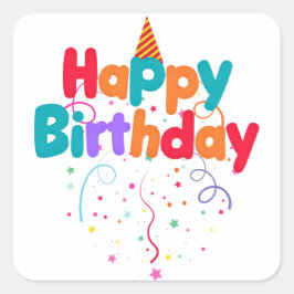 Adesivo Quadrado Botão de Confetes de Aniversário Feliz