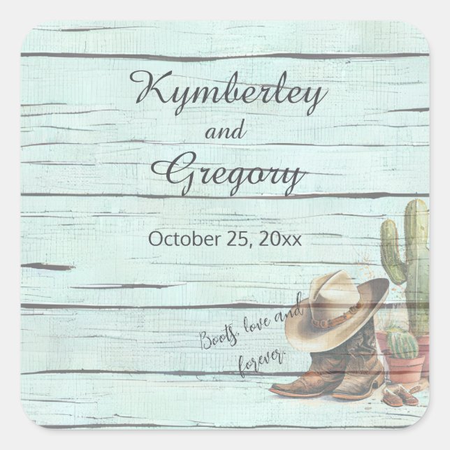 Adesivo Quadrado Botas Country Western Turquesa Rústicas Chapéu (Frente)