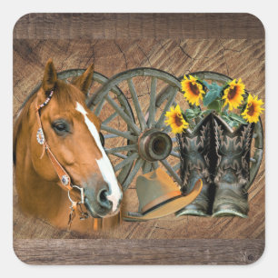Adesivo Quadrado Botas de Cowboy Cavalo Roda de Carroça Girassóis W