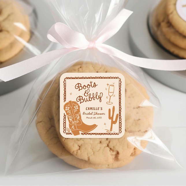 Adesivo Quadrado Botas e Desenhos na Mão Ocidental (Boots and Bubbly Hand Drawn Whimsical Bridal Shower sticker)