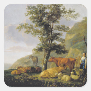 Adesivo Quadrado Bovinos perto de um rio Aelbert Cuyp