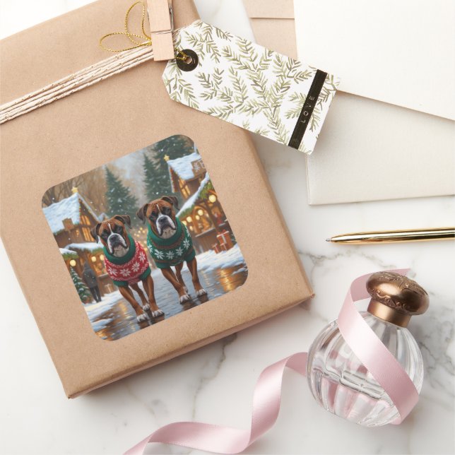 Adesivo Quadrado Boxer Dogs Christmas Snow Holiday  (Presentear)