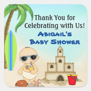 Adesivo Quadrado Boy Beach Baby Sandcastle Chá de fraldas Obrigado
