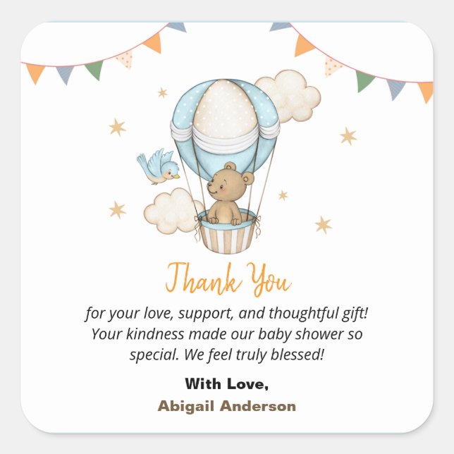 Adesivo Quadrado Boy Teddy Bear Baby Shower Thank You Flat Cards (Frente)