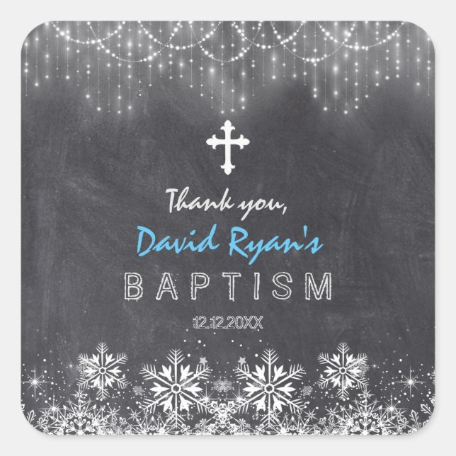 Adesivo Quadrado Boy Winter String Luzes Snowflakes Chalk Baptism (Frente)
