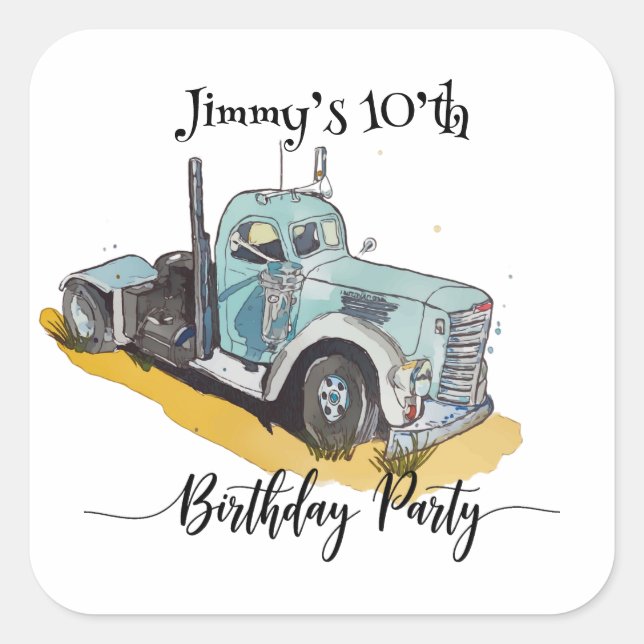 Adesivo Quadrado Boys Birthday Party Blue Semi Truck (Frente)