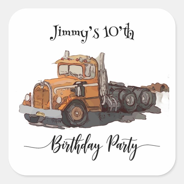 Adesivo Quadrado Boys Birthday Party Orange Semi Truck (Frente)