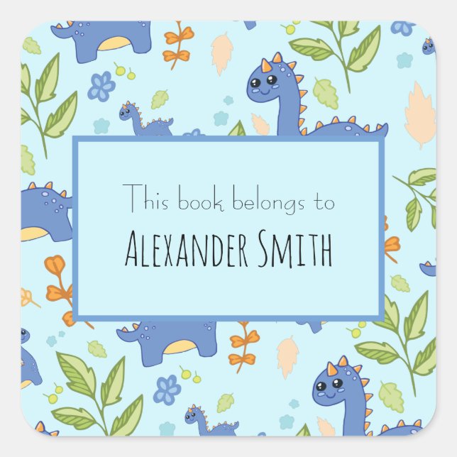 Adesivo Quadrado Boys Blue Dinossaur Este Livro Pertence Ao Nome (Frente)