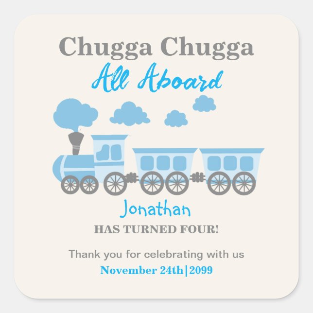 Adesivo Quadrado Boys Blue Train Qualquer Festa de aniversário Idad (Frente)