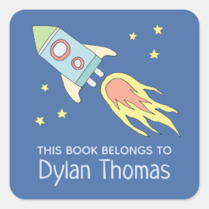 Adesivo Quadrado Boys Rocket Ship 'This Book Belongs' e nome