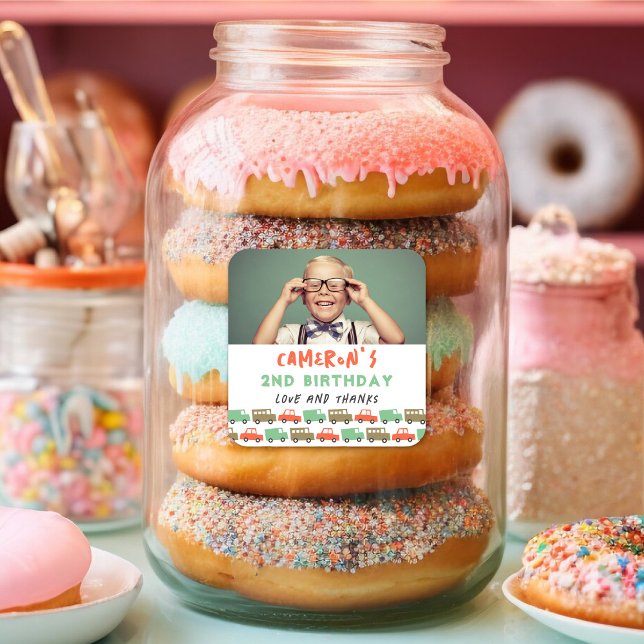 Adesivo Quadrado Boys Toys Retro Transport Photo Kid Festa de anive (Boys Toys Fun Retro Transport Photo Kid's Birthday Party Favor Sticker / Food Or Drinks Label)