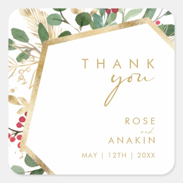 Adesivo Quadrado Branca Verde de Natal Moderno Obrigado Casamento (Frente)