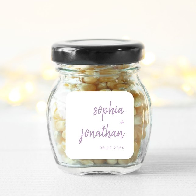 Adesivo Quadrado Branco e Lavanda de Script Moderno | Casamento (Criador carregado)
