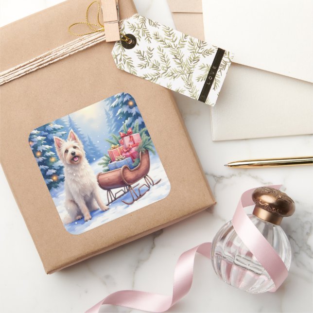 Adesivo Quadrado Briard Vintage Sleigh Winter Christmas Art (Presentear)