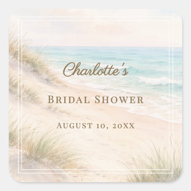 Adesivo Quadrado Bridal Shower beach coastal elegant (Frente)