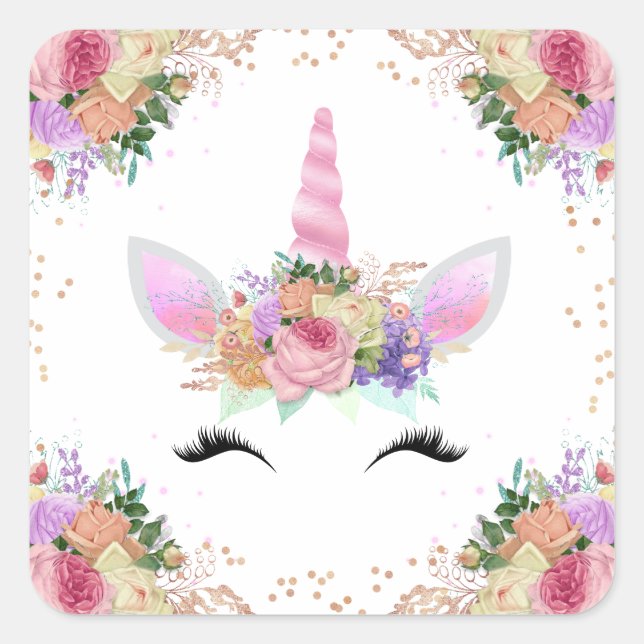 Adesivo Quadrado Bright Floral Unicorn (Frente)