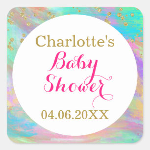 Adesivo Quadrado Brilhante Chá de fraldas Colorida Unicórnio Dour