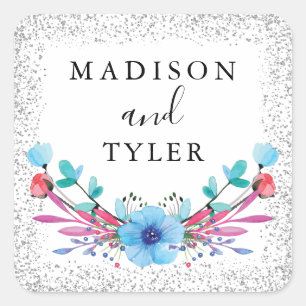 Adesivo Quadrado Brilhante de Prata Espetas de Aquarela