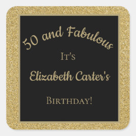 Adesivo Quadrado Brilhante preto e Dourado 50 e aniversário fabulos
