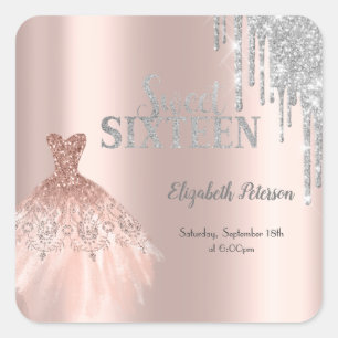 Adesivo Quadrado Brilho Chic Gotejante, Vestido Rosa Dourado Doce 1