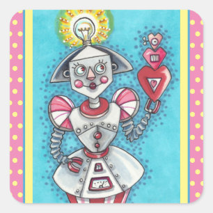 ADESIVO QUADRADO BRILHO IDEA GIRL ROBOT, CORAÇÃO MECÂNICA COLORIDA