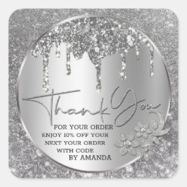 Adesivo Quadrado Brilho Obrigado Prata Gotejando Brilho