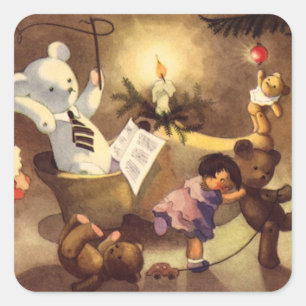 Adesivo Quadrado Brinquedos natais vintages, Bonecas Dançantes, Urs