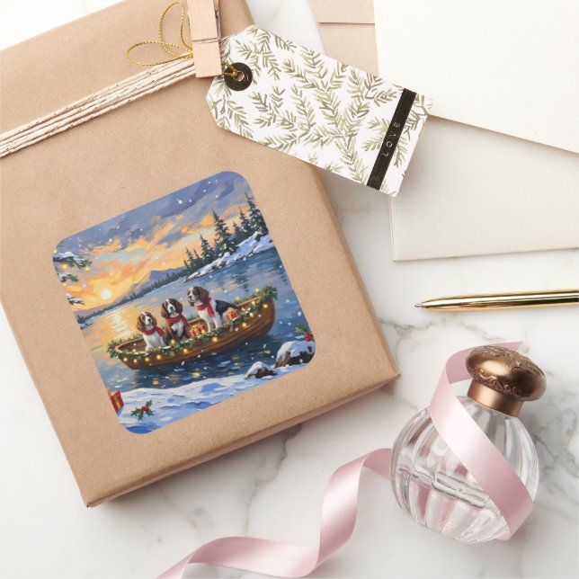 Adesivo Quadrado Brittany Spaniel Christmas Boat Holiday (Presentear)