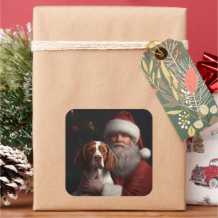 Adesivo Quadrado Brittany Spaniel Com Papai Noel Natal