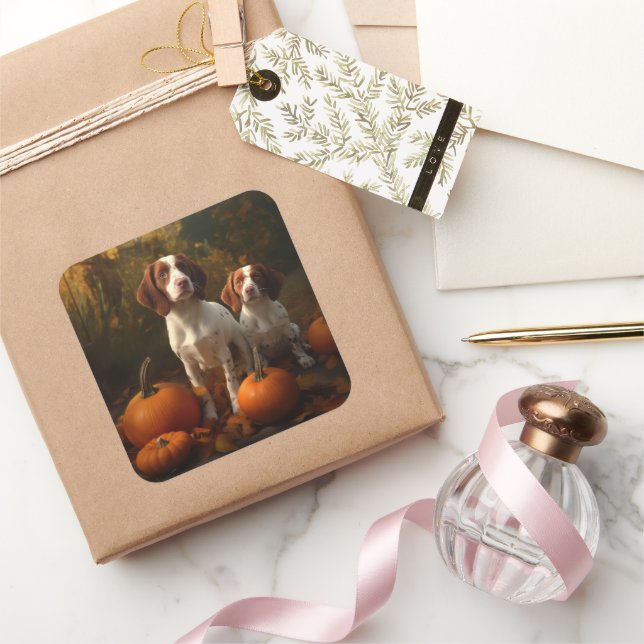 Adesivo Quadrado Brittany Spaniel Puppy Autumn Delight Pumpkin (Presentear)