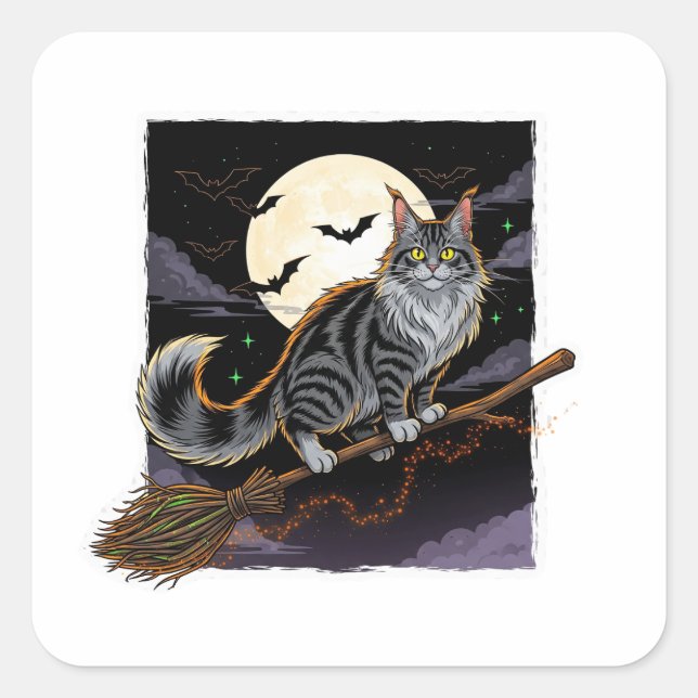 Adesivo Quadrado Broomstick Rider Coon - Maine Coon Halloween (Frente)