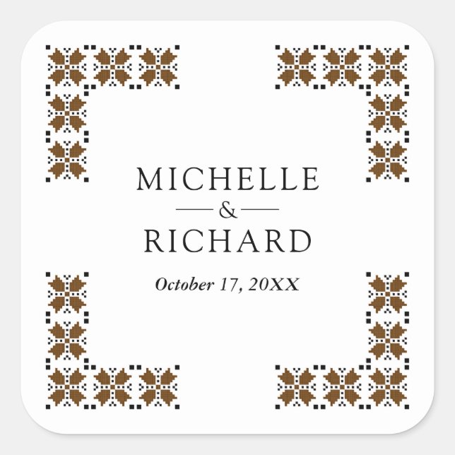 Adesivo Quadrado Brown and Black Ukrainian Embroidery Wedding (Frente)