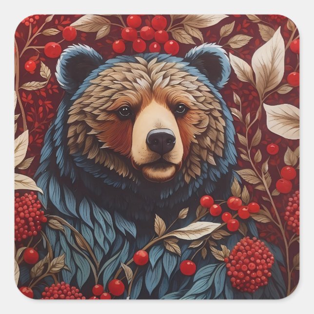 Adesivo Quadrado Brown Bear Red Berries William Morris Inspirou (Frente)