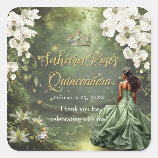 Adesivo Quadrado Brown Princess and Frog Sage Green Quinceanera 16 (Frente)