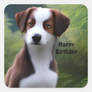 Adesivo Quadrado Bruce, Collie Puppy, Pinheiros De Aniversário