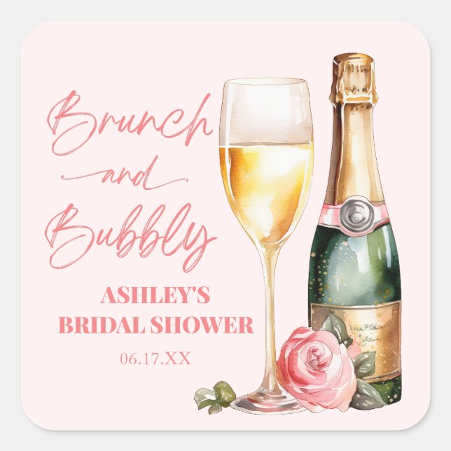 Adesivo Quadrado Brunch e Bubbly Mimosa Champanhe Bridal Shower (Frente)