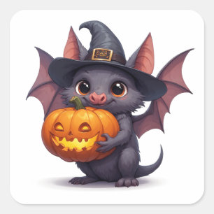 Adesivo Quadrado Bruxa Adorável Morcego Segurando Jack O Lantern 🦇