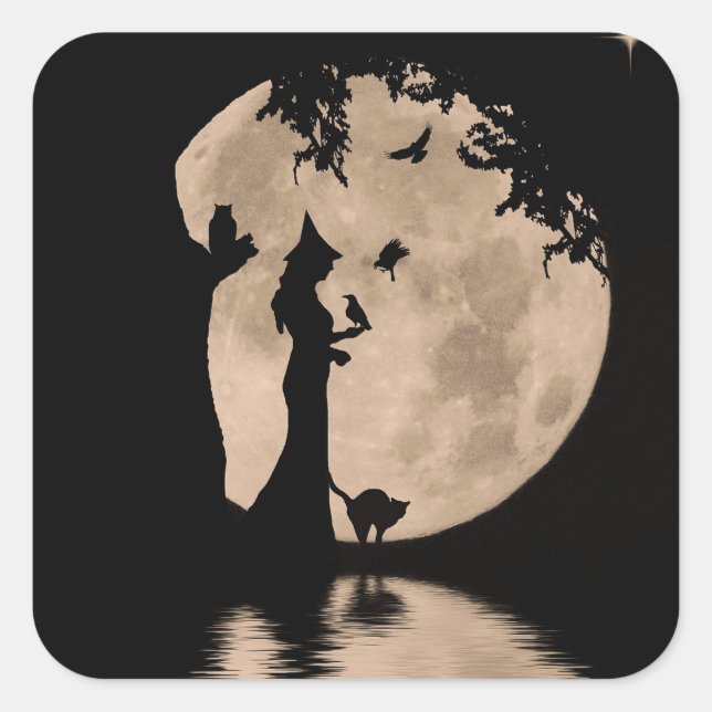 Adesivo Quadrado Bruxa Bonito das Halloween e Familiares Cat Owl Ra (Frente)